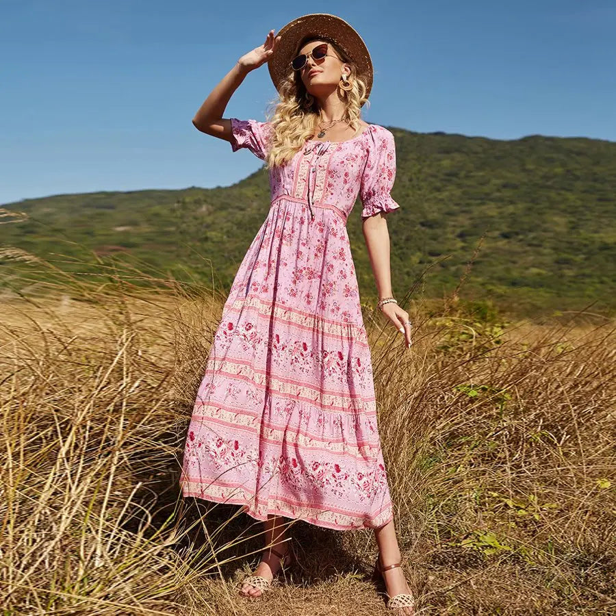 Boho Maxi Dress - Summer Dress – “Meadow” Button Front Sundress with Puff Sleeves in Pink annd Green 01 / S Boho Maxi Dress - Summer Dress – “Meadow” Button Front Sundress with P – Wild Rose Boho